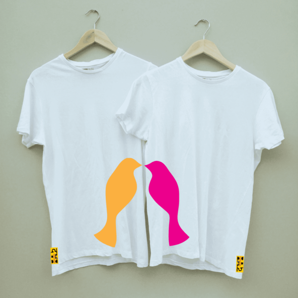 Couple's "Love Birds" Printed Round Neck White Combo T shirt