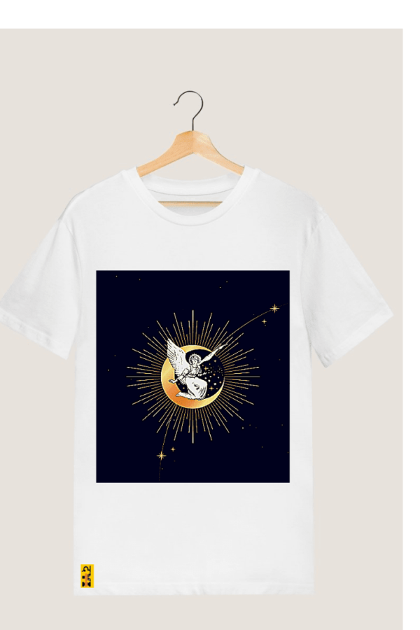 "Abstract Angel on Moon with Stars" printed round neck T shirt.