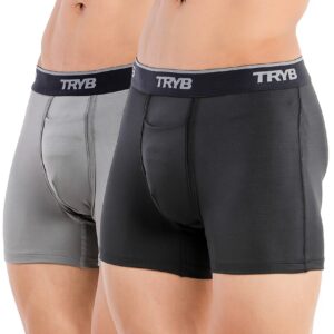 TRYB Mens Sport Performance Stretch Underwear Quick Dry Moisture Wicking Athletic Active Kooltex Square Cut Boxer Trunk - Pack of 2