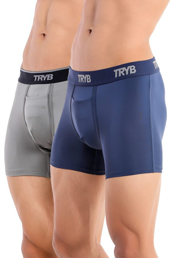 TRYB Mens Sport Performance Stretch Quick Dry Moisture Wicking Athletic Active Square Cut Compression Boxer Trunk (Pack of 2)