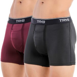 TRYB Mens Sport Performance Stretch Underwear Quick Dry Moisture Wicking Athletic Active Kooltex Square Cut Boxer Trunk - Pack of 2