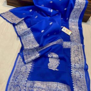 Banaras Pure Handloom Khaddi Georgette Silk With Silver Zari Weaved Saree