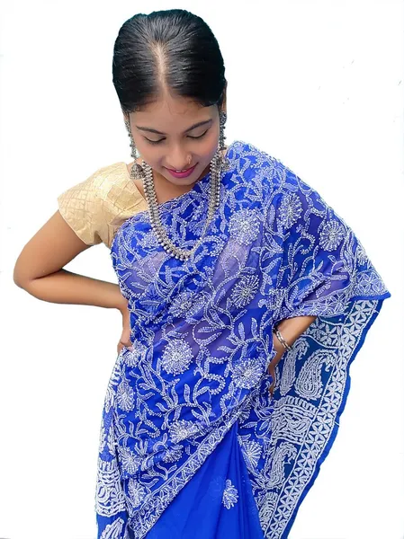 Royal Blue Half Jaal Chikan Saree