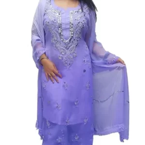 Purple Long Georgette Chikan Shimmery Kurti Set