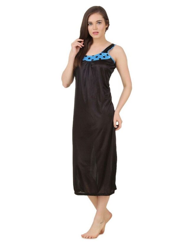 Women's Satin Long Nighty with Sleeve Less(Color: Turquoise and Black, Neck Type: U Neck)
