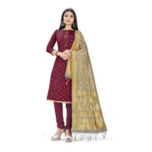 Generic Banarasi Silk Unstitched Salwar-Suit Material Premium Quality With Dupatta (Color: Maroon)