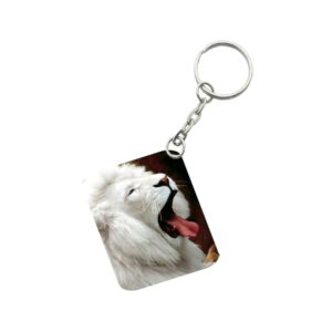 Generic Pack Of 3_ White Lion One Side Printed Rectangle Designer Keychain (White)