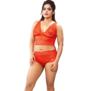 Generic Women's Lace Bra And Panty Set Self Design Lingerie Set (Red)
