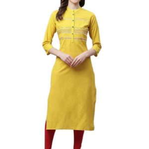 Generic Women's Pure Cotton Printed Straight Kurti (Yellow, Pure Cotton)