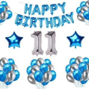 Generic 11Th Happy Birthday Decoration Combo With Foil And Star Balloons (Blue, Silver)
