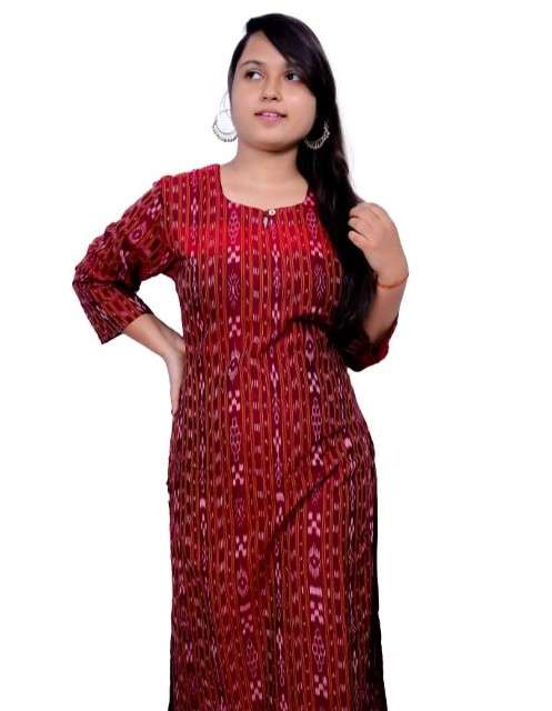 Generic Women's Sambalpuri Certified Handloom Pure Cotton Straight Kurti (Red)