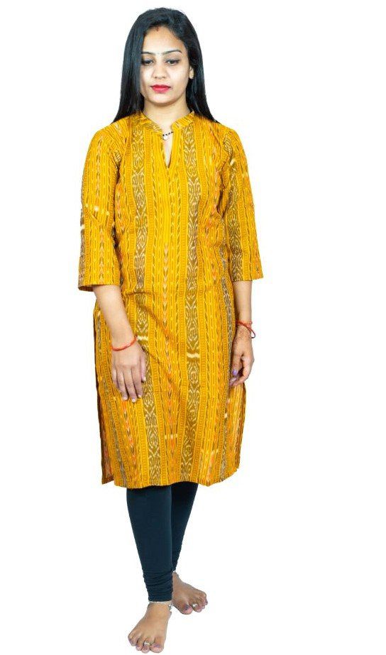 Generic Women's Sambalpuri Certified Handloom Pure Cotton Straight Kurti (Yellow)