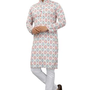 Men's Multi Color Full Sleeves Mandarin Collar Printed Ethnic Kurta Set