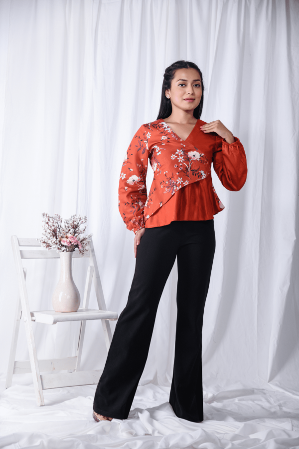 Red two-tone Printed Floral Wrap Top