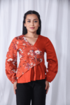 Red two-tone Printed Floral Wrap Top