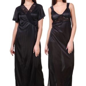 Women's Satin 2 PCs Set of Nighty And Wrap Gown with Half Sleeve(Color: Black, Neck Type: Sweatheart Neck)