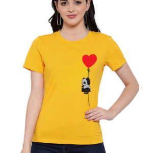 Generic Women's Cotton Blend Panda With Heart Balloon Printed T-Shirt (Yellow)