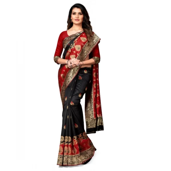 Generic Women's Banarasi Silk Saree With Blouse (Red, Black, 5-6Mtrs)