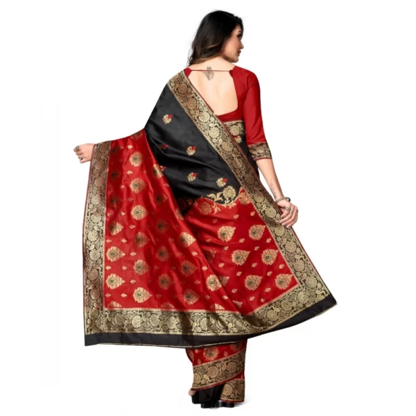Generic Women's Banarasi Silk Saree With Blouse (Red, Black, 5-6Mtrs)