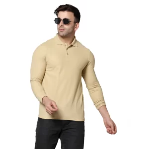 Generic Men's Casual Full Sleeve Solid Cotton Blended Polo Neck T-shirt (Beige)