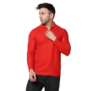 Generic Men's Casual Full Sleeve Solid Cotton Blended Polo Neck T-shirt (Red)