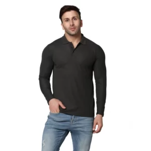 Generic Men's Casual Full Sleeve Solid Cotton Blended Polo Neck T-shirt (D.Grey)