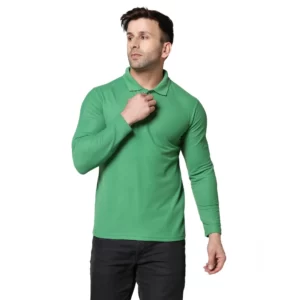 Generic Men's Casual Full Sleeve Solid Cotton Blended Polo Neck T-shirt (P.Green)