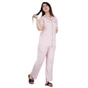 Generic Women's Casual Half Sleeve Printed Viscose Rayon Shirt With Pyjama Pant Night Suit Set (Pink)