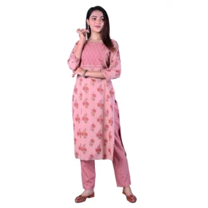 Women's Casual 3/4 Sleeve Printed Rayon Kurti With Pant Set (Pink)