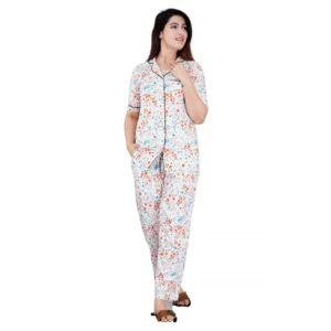 Generic Women's Casual Half Sleeve Printed Viscose Rayon Shirt With Pyjama Pant Night Suit Set (White)