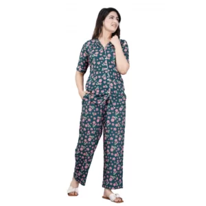 Generic Women's Casual Half Sleeve Printed Viscose Rayon Shirt With Pyjama Pant Night Suit Set (Teal)
