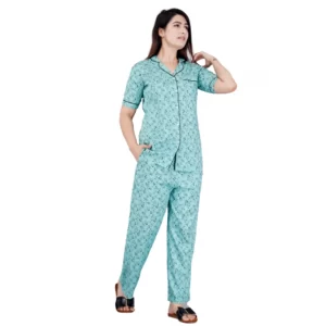 Generic Women's Casual Half Sleeve Printed Viscose Rayon Shirt With Pyjama Pant Night Suit Set (Green)