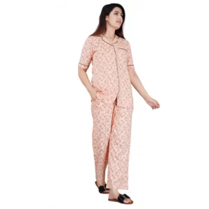 Generic Women's Casual Half Sleeve Printed Viscose Rayon Shirt With Pyjama Pant Night Suit Set (Peach)
