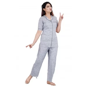 Generic Women's Casual Half Sleeve Printed Viscose Rayon Shirt With Pyjama Pant Night Suit Set (Grey)