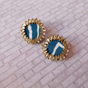 Rainvas Blue printed fabric kundan studs earrings