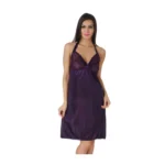 Women's Satin Short Nighty with Sleeve Less(Color: Purple, Neck Type: Halter Neck)