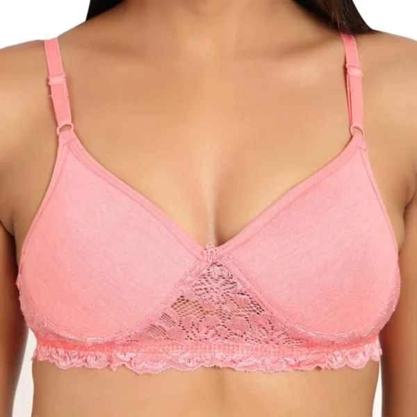 Generic Women's Cotton Blend Lightly Padded T Shirt Bra With Lace (Pink)
