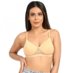 Generic Women's Cotton Blend Lightly Padded T Shirt Bra With Lace (Sandalwood)