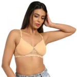 Generic Women's Cotton Blend Lightly Padded T Shirt Bra With Lace (Sandalwood)