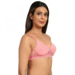 Generic Women's Cotton Blend Lightly Padded T Shirt Bra With Lace (Pink)