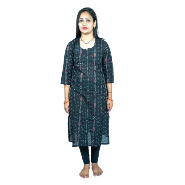 Generic Women's Sambalpuri Certified Handloom Pure Cotton Straight Kurti (Black)
