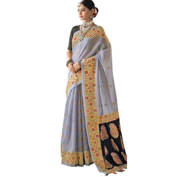 Generic Women's Cotton Stripes Printed, Foil And Stone Embellished Saree With Blouse (Light Blue, 5-6 Mtrs)