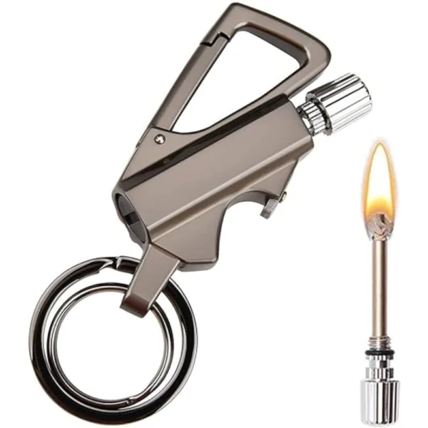3 In 1 Keychain Lighter Waterproof Cigarette Flint Lighter Keyring Bottle Opener Fire Starter Match Sticks (Silver)