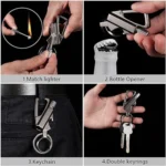 3 In 1 Keychain Lighter Waterproof Cigarette Flint Lighter Keyring Bottle Opener Fire Starter Match Sticks (Silver)