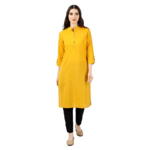 Generic Women's Solid Calf Length Cotton Kurti (Yellow)