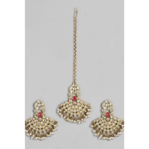 Generic Women's Rose Gold Plated Alloy Kundan Earrings & Mangtikka (White)