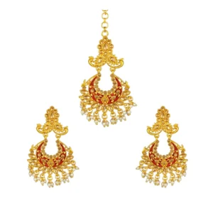 Generic Women's Rose Gold Plated Alloy Kundan Earrings & Mangtikka (Maroon)