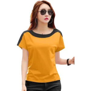 Generic Women's Casual Solid Polyester Boat Neck T-shirt (Yellow)