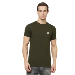 Men's Casual Solid Cotton Blend Round Neck T-shirt (Dark Green)