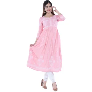 Women's Casual 3/4 Sleeve Embroidered Rayon Kurti Set (Pink)